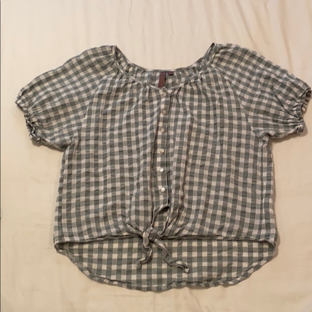 Bubble Sleeve Plaid Tie Front Shirt